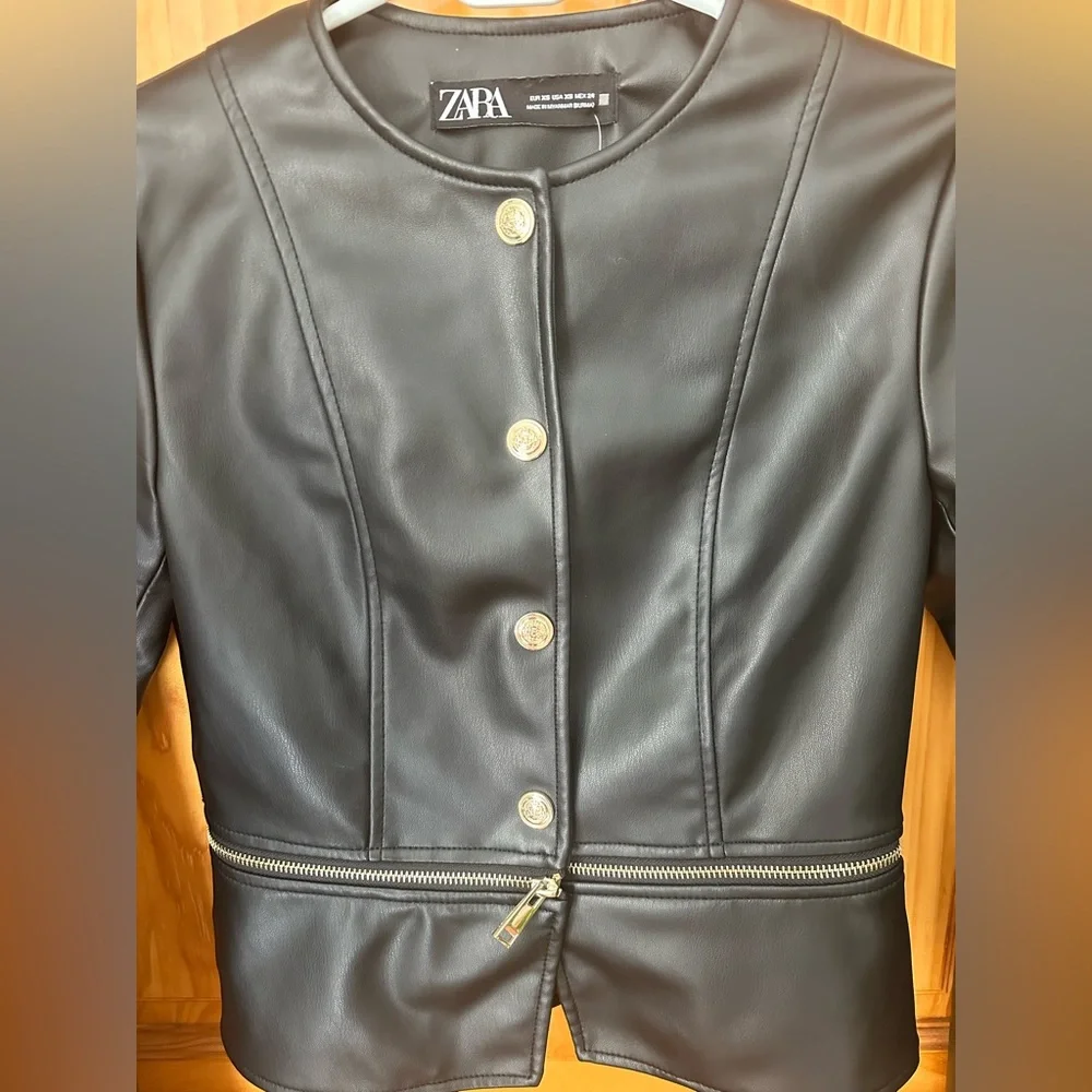 NWT ZARA Black 2 in 1 Faux Leather Snap Jacket Zip Crop Length Sz xs - Picture 10 of 16